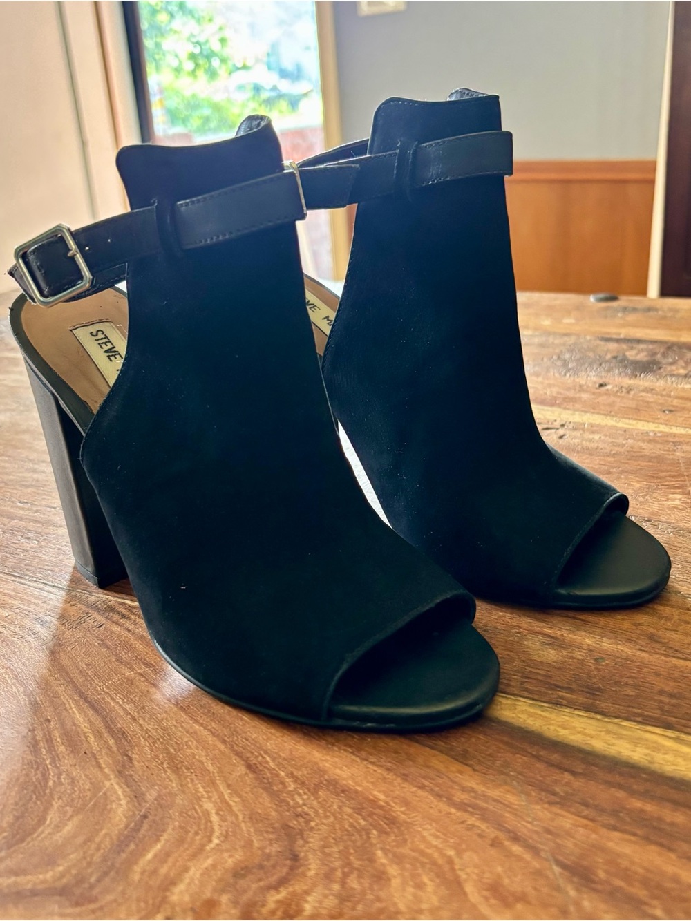 Steve Madden Suede Carnabi Black Peep-Toe Ankle Strap Block Heels